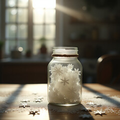 Snowflakes preserved in an oldfashioned jar in the countryside kitchen | Winter mood