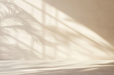 beige background with shadow of palm leaves,  window, mockup, product placement background, concrete wall