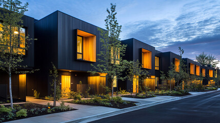 Modern Black and Wood Townhouses at Twilight