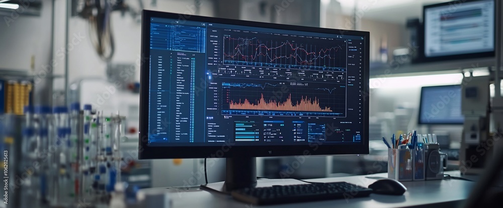 Aufkleber A computer monitor with a graph on the screen sits on a desk in a laboratory setting.