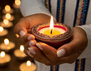 Person holding a lit diya with warm glow in a dimly lit space during a festive occasion. Generative AI