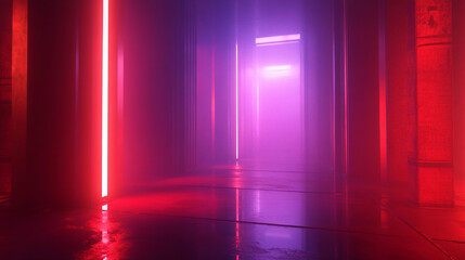 Abstract Neon Lights Corridor with Red and Purple Glow