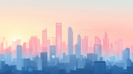 Fototapeta premium Futuristic cityscape at dusk, high-rise buildings with neon lights glowing in a cyberpunk-inspired palette