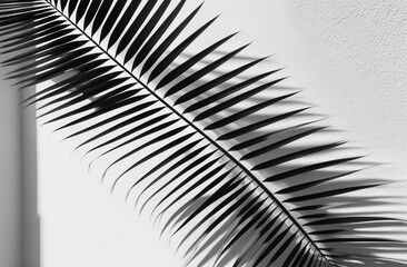 Silhouette of tropical palm or bamboo leaf, branch and shadow of a plant on a white wall. Space for text. A decorative element. Monochrome black and white template. Perfect for mock up. Copy space