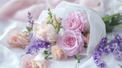 A bouquet of flowers wrapped in white paper, placed on top of the table with light purple and pink colors, surrounded by other delicate pastel-colored flowers, white background