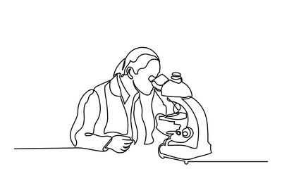 Continuous line drawing of Female Scientist Using Microscope.Medical Development Research Laboratory.A young female researcher working in the lab, with test tube research.Healthcare and medicine 