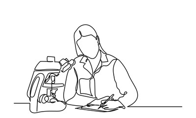 Continuous line drawing of Female Scientist Using Microscope.Medical Development Research Laboratory.A young female researcher working in the lab, with test tube research.Healthcare and medicine 