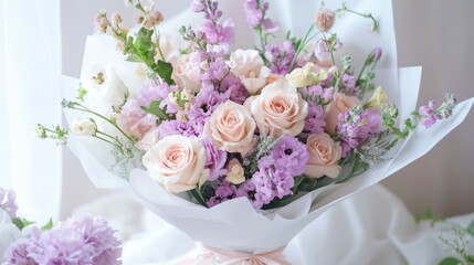 A bouquet of flowers wrapped in white paper, placed on top of the table with light purple and pink colors, surrounded by other delicate pastel-colored flowers, white background