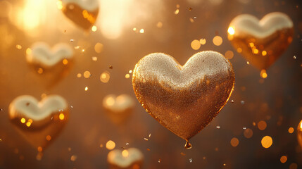 Obraz premium Golden heart balloons float in dreamy, romantic setting