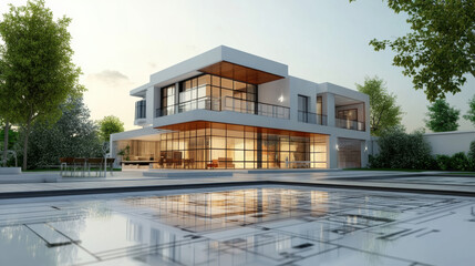 Fototapeta premium Modern luxury home with pool and landscaping