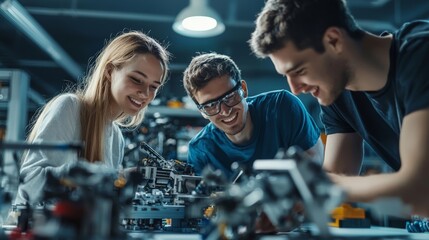 Happy robotics engineers collaborating on innovative designs, sharing excitement and ideas