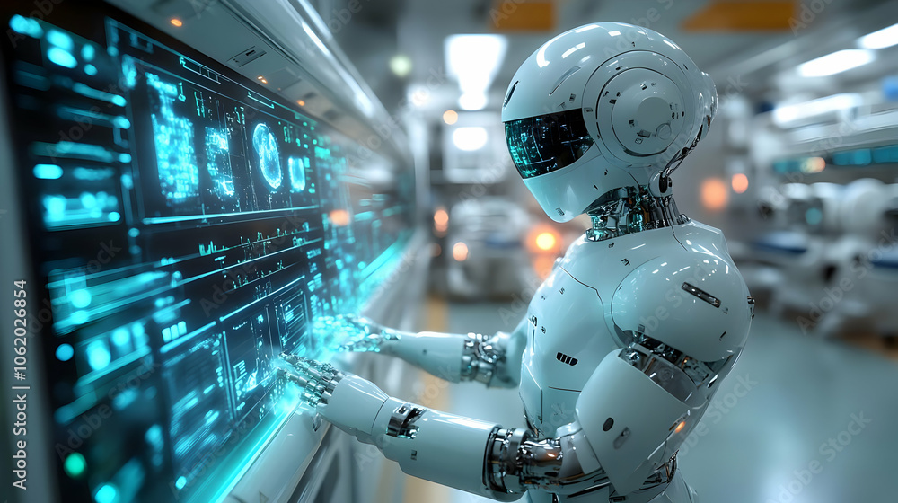 Poster robot interacting with digital interface - 3d illustration