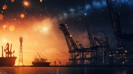 Obraz premium A vibrant sunset scene featuring silhouettes of cranes and ships, merging industrial elements with a cosmic backdrop of stars and colors.