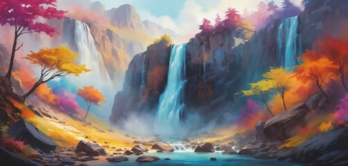 Surreal Waterfall in Rainbow Mist
