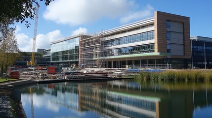 Fototapeta premium Glass and steel architectural masterpiece halfway built, scaffolding and cranes working alongside a reflective lake
