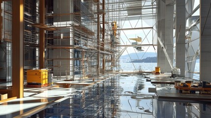 Glass and steel architectural masterpiece halfway built, scaffolding and cranes working alongside a reflective lake