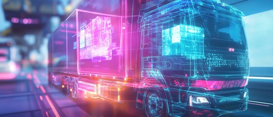 A futuristic, digital truck depicted with neon colors, showcasing advanced technology in a modern, high-tech environment.
