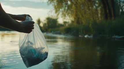 Hands Removing Litter from Riverbank with Natural Background