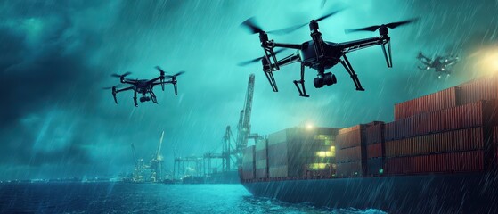 Naklejka premium Drones are flying over a dark, stormy harbor filled with shipping containers, illuminated by artificial lights, hinting at advanced technology in maritime operations.