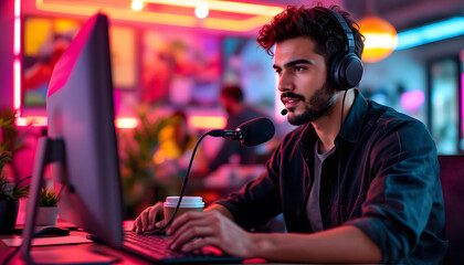 a man wearing a headset, focused on a computer screen displaying data charts and analytics in a modern office setting with warm lighting.