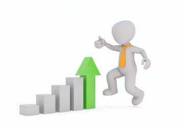 3d man red arrow success chart on white background.