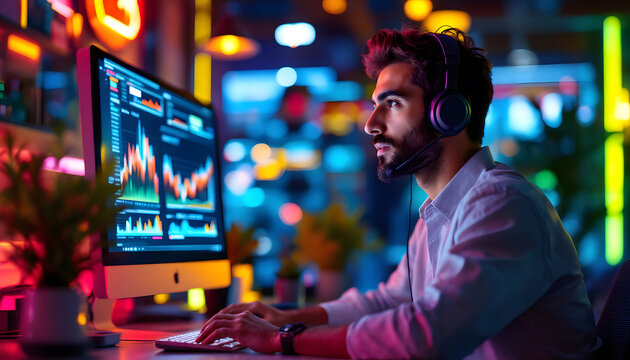 a man wearing a headset, focused on a computer screen displaying data charts and analytics in a modern office setting with warm lighting.