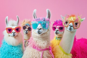 Creative animal concept. Group of lama in funky Wacky wild mismatch colourful outfits on bright background advertisement, copy space. birthday party invite invitation banner 