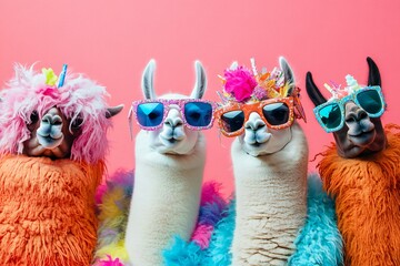 Creative animal concept. Group of lama in funky Wacky wild mismatch colourful outfits on bright background advertisement, copy space. birthday party invite invitation banner 