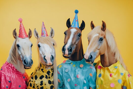 Creative animal concept. Group of brown horse in funky Wacky wild mismatch colourful outfits on bright background advertisement, copy space. birthday party invite invitation banner