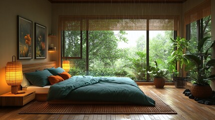 Peaceful Bedroom with Natural Light and Rainy View
