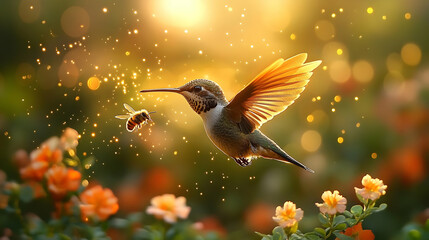 Fototapeta premium Hummingbird and Bee in Flight - Illustration