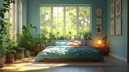 Cozy Minimalist Bedroom with Teal Bedding and Greenery