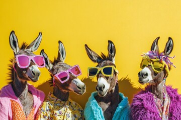 Creative animal concept. Group of donkeys in funky Wacky wild mismatch colourful outfits on bright background advertisement, copy space. birthday party invite invitation banner