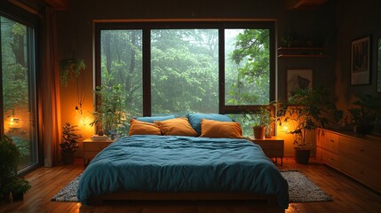 Cozy Minimalist Bedroom with Rainy Window Views