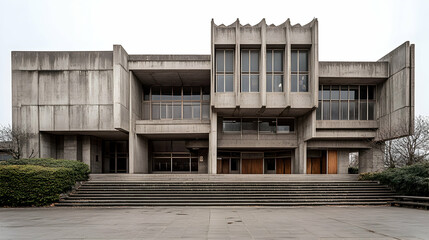 Fototapeta premium A symmetrical brutalist building featuring raw concrete textures and vertical windows, emphasizing simplicity and structural form.