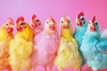 Creative animal concept. Group of chicken in funky Wacky wild mismatch colourful outfits on bright background advertisement, copy space. birthday party invite invitation banner