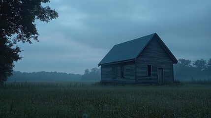 Obraz premium An abandoned wooden cabin stands alone in a foggy field at dawn.