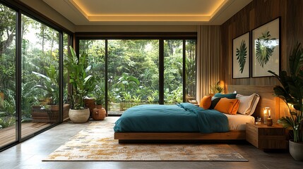 Tranquil Bedroom with Large Window and Rainy Outside View