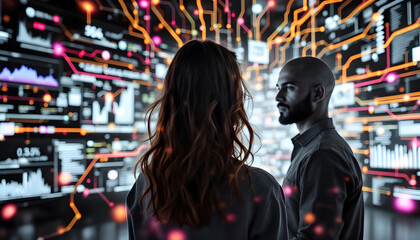 Obraz premium Two professionals stand confidently in a high-tech environment, surrounded by glowing data visualizations and futuristic digital interfaces.