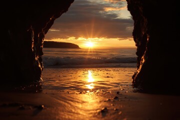 Breathtaking view of a sunset elegantly photographed on the shore during the magical hour just before dusk