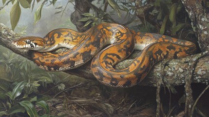 Obraz premium A Large Brown Snake Coiled on a Branch in a Tropical Forest