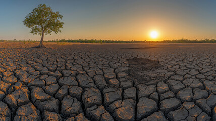 Fototapeta premium Drought Landscape with Cracked Earth at Sunset