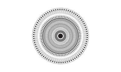 A circular mandala pattern design with intricate details, featuring a central circle surrounded by concentric rings of black lines, dots, and teardrop shapes.