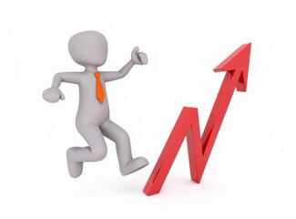 3d man red arrow success chart on white background.