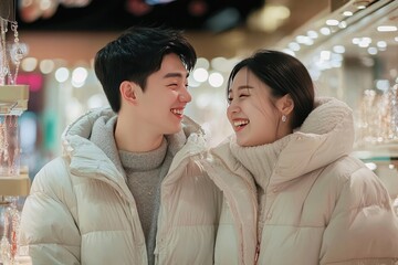 Fototapeta premium Young Asian Couple Shopping for Jewelry, Smiling at Each Other with Diamonds and Gemstones Displayed in Mall