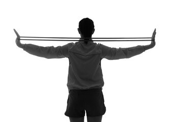 Silhouette of young sporty woman doing exercises with stretching tape on white background, back view