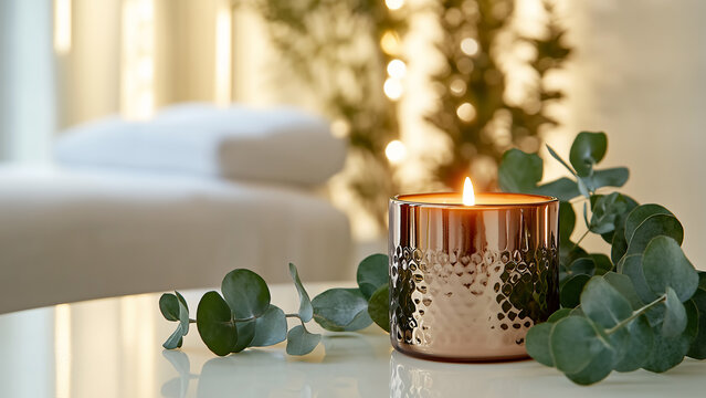 Entspannendes Wellness Ambiente mit eleganter Duftkerze und Eukalyptus, im unscharfen Hintergrund eine Massage  oder Spa Liege