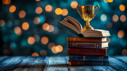 Golden Trophy on Books with Festive Bokeh Lights
