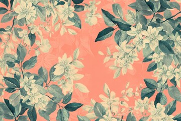 Hand-illustrated floral backdrop in shades of coral and pink showcasing green plants ideal for home decor, fabrics, prints, banners, and packaging applications