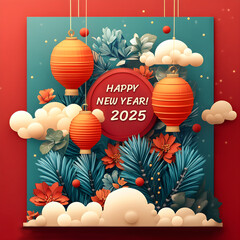 Happy New Year 2025. Holiday card design. Yellow numbers on coloured background. Clouds, Chinese lanterns, spruce branches, flowers